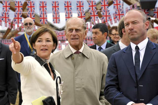 The visit of Her Majesty the Queen and His Royal Highness the Duke of Edinburgh to Alnwick. The Duchess of Northumberland with Prince Philip and Alan Shearer.