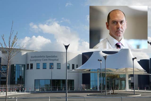 The Northumbria Emergency Care Hospital, in Cramlington, and (inset) Sir James Mackey, the trust's chief executive.