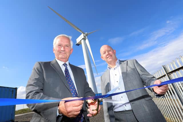 Leader of Northumberland County Council, Glen Sanderson, opens the Port of Blyth's wind turbine training facility alongside Port of Blyth chief executive Martin Lawlor.