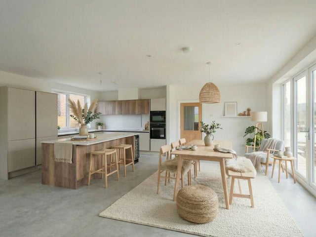 The ground floor boasts a family dining room and kitchen with sliding doors to the garden.