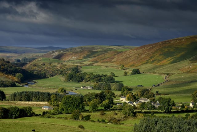 Looking towards Alwinton in Coquetdale, which follows the path of the meandering river Coquet to the west of Rothbury.