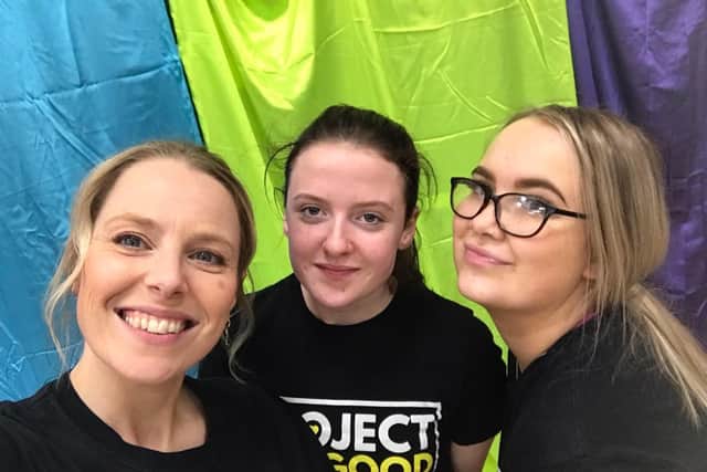 Anna Melling with Makaton-trained Loud Arts helpers Steph Allan, 16, and Bailey Dunn, 20.