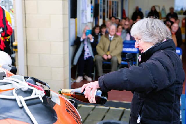 Shirley Brook officially names the D class lifeboat 'Sally Forth'. (Photo by Ron Dobson)