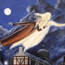 Scrooge and the Ghost of Christmas Past soar over the town on a moonlit Christmas Eve. Image by Dave Rheaume.