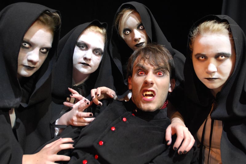 Duchess's High School performance of Dracula at Alnwick Playhouse in November 2009. Pictured are Dracula (Andrew Cheyne) with 'Voices' Olivia Belk, Amy McWilliams, Lara Jackman and Caitlin Burrow.
