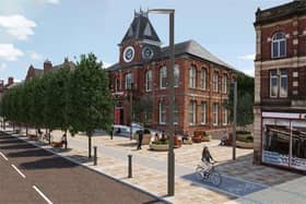 An artist's impression of how Bridge Street will look outside Blyth Library once the work is complete. (Photo by Northumberland County Council)