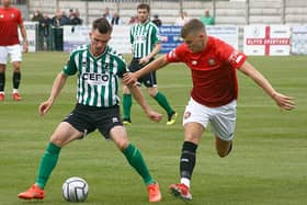 Action from the FA Cup game between Blyth Spartans and FC United of Manchester at Croft Park on Saturday. Picture by Bill Broadley.