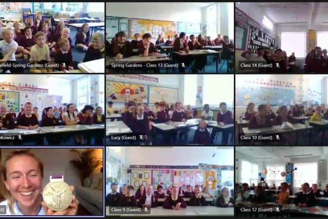 Olympic Gold Medallist Katherine Copeland (bottom left) delivers a virtual assembly for pupils at Spring Gardens Primary School.