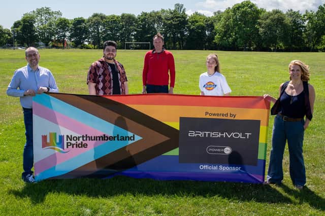 left to right: Darren John Irvine-Duffy, Chair (Northumberland Pride), Jacob Coventry-Peters, Development Worker (Northumberland Pride), Steven Irvine-Duffy, Interim Community Development Manager (Northumberland Pride), Scarlet Kane, Project Coordinator (Northumberland Pride), Tracy Machnicki, Social Value Manager (Britishvolt).