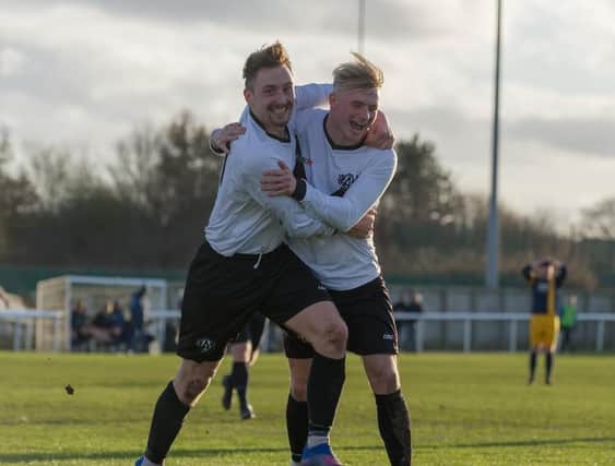 Goal celebrations for Ashjington in their 2-1 home win over Bishop Auckland on Saturday. Picture by Ian Brodie.