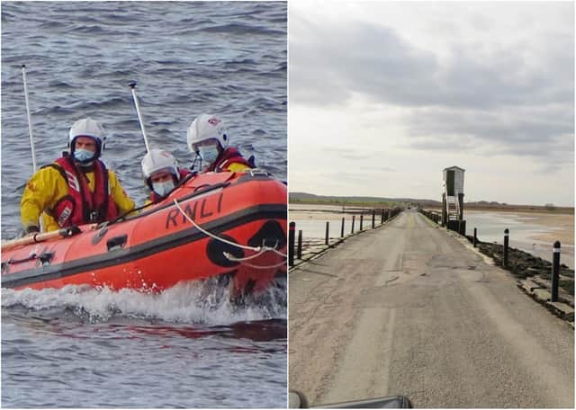 Seahouses inshore lifeboat crew at Holy Island causeway.