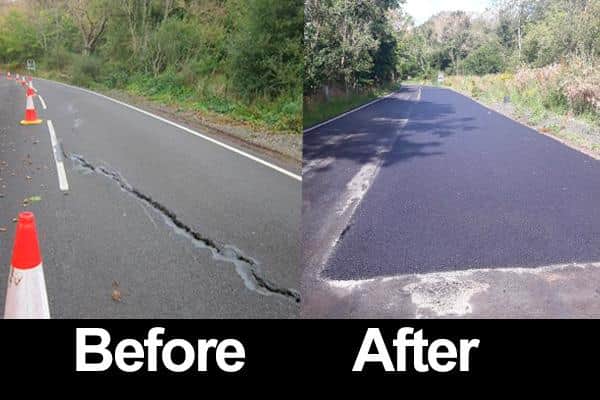 Before and after pictures of the B6344 at Togstead which has been probe to cracking.