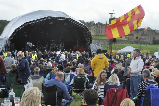 The Northumberland flag flies proudly at the 2014 Alnwick Pastures concert in the shadow of Alnwick Castle.