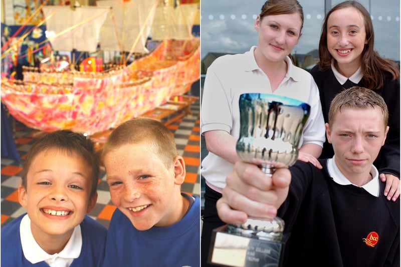 Left, pupils who helped build a ship-themed artwork at Blyth’s Horton Grange First School. Right, Michael Chesney, winner of Blyth Community College Year 9 Writing Trophy, joined by runner-up Alison Bell and third-placed Christina Farmer.