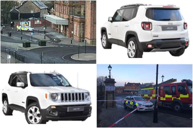 An image shared by @NELiveTraffic as the station was cordoned off in the wake of the damage and a photo by Michael Bassi shows emergency services on the scene, while the British Transport Police have issued images of a Jeep they believed were used in the incident.