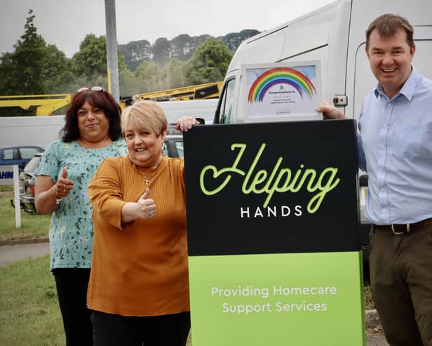 From left Yasmin Ryan and Pam Smith of Helping Hands, with MP Guy Opperman.
