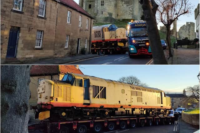 A lorry transporting a locomotive got into difficulty trying to get around a bend in Warkworth. Picture: Jane Foley