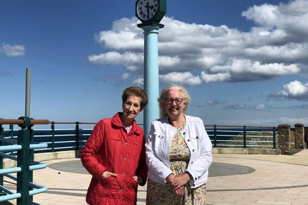 Elected Mayor Norma Redfearn CBE with Cllr Sandra Graham, Cabinet Member for the Environment, with the clock on the seafront.