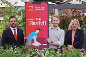Representatives of Dobbies and the British Heart Foundation come together to raise awareness of the RevivR online tool. Picture by Stewart Attwood.