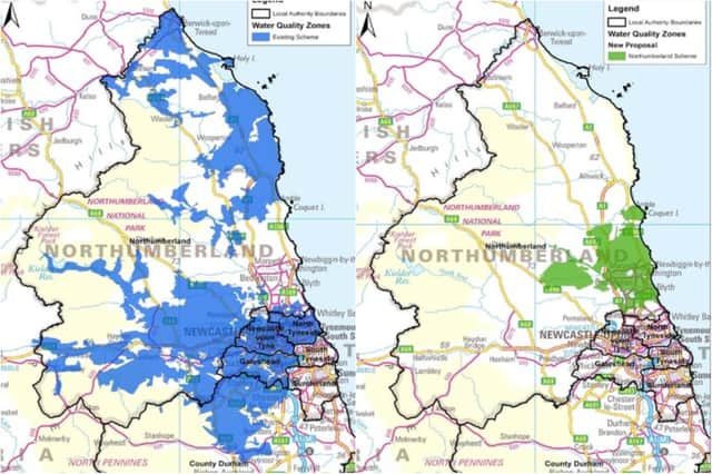 A map showing the areas of Northumberland covered by the existing fluoridation scheme (in blue) and one showing the areas proposed to be covered by the extension (in green). Picture from Northumberland County Council