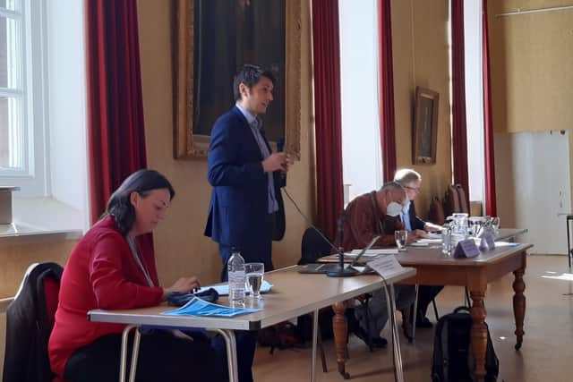 Ben Garrett, LNER head of engagement, addresses a public meeting in Berwick called to discuss the proposed new rail timetable.