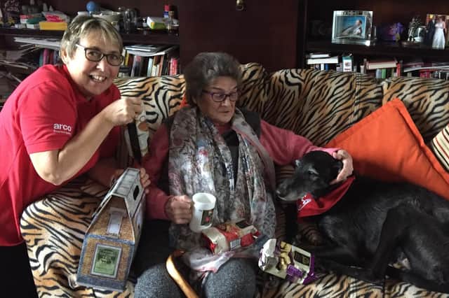 From left, Diane Snowsill, Sheila Moody and rescue lurcher Eddie.