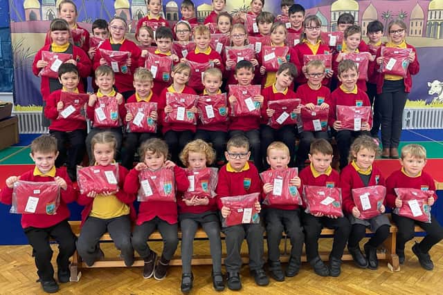 Shilbottle Primary School pupils with their new jumpers.