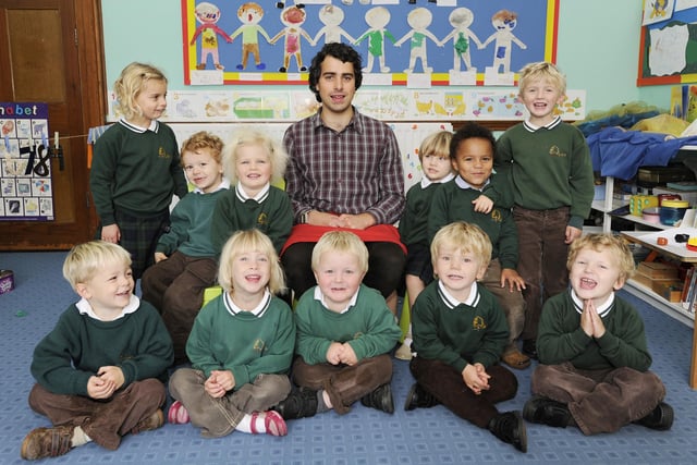 Nick Ware with his new reception pupils at Rock Hall First School..