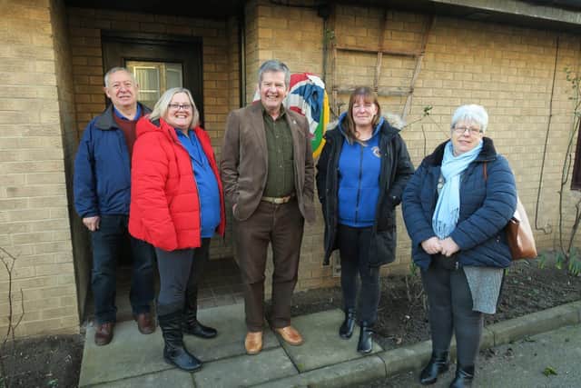 Phillip Hopps from Rotary North East, Mandy Hardy from Alnwick Lions, Cllr Gordon Castle, Sandra Shepherd from Alnwick Lions and Abbeyfield House general manager Heather Dixon.