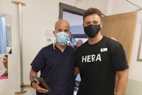 Love Island contestant Brad McClelland with Dr Ben Burville of Coquet Medical Group.