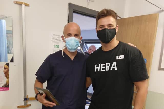 Love Island contestant Brad McClelland with Dr Ben Burville of Coquet Medical Group.