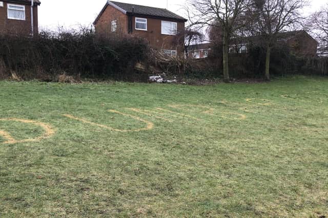 The 'Dunbar Out' vandalism left in Eastfield Playing Fields, Cramlington, against Conservative councillors Christine Dunbar and her husband Norman.