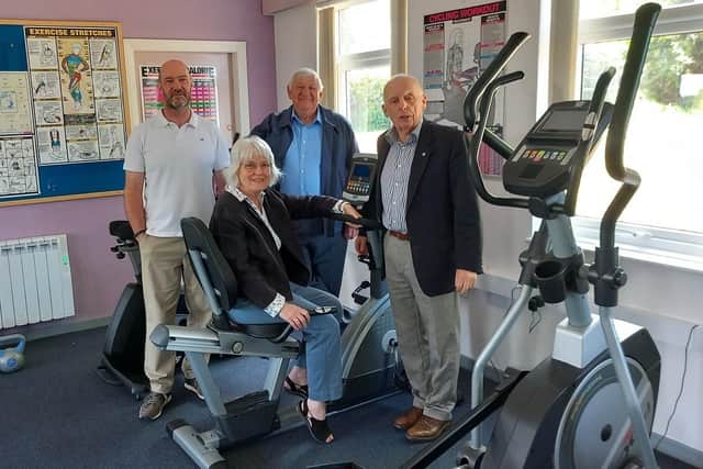 Steve White and Del Hughes from the Belford Gym Committee and W.B. John Grey and Steve Newman from Seahouses Masonic Lodge.