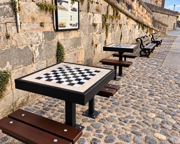 The new chess boards on Berwick's Quayside.