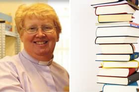 Rev Kim Hurst and a pile of books from a Pixabay photo.