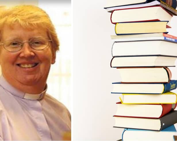 Rev Kim Hurst and a pile of books from a Pixabay photo.