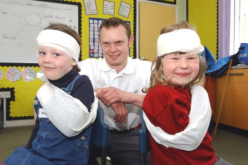 First aid lessons at Red Row First School for Megan Hattel and Catherine Simpson, with Gary Davidson, in May 2003.