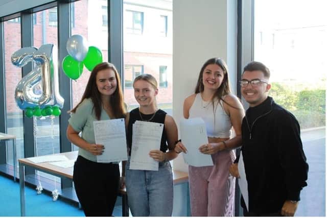 Lauren Gannie, Ellie Marchant, Bethan Tweedy, and Ellis Hall, collect their A-Level results from Bede Academy.