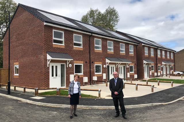 Elected Mayor Norma Redfearn CBE and Coun Steve Cox, Cabinet Member for Housing, at the development in Battle Hill.