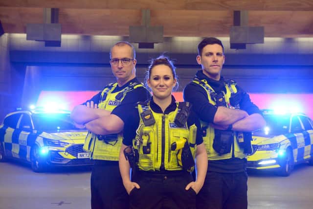 Sergeant Dave Roberts, Constable Mary-Anne Hutchison, and Constable Jan Simlesa of Northumbria Police will feature in Motorway Cops: Catching Britain's Speeders. (Photo by Stu Norton)