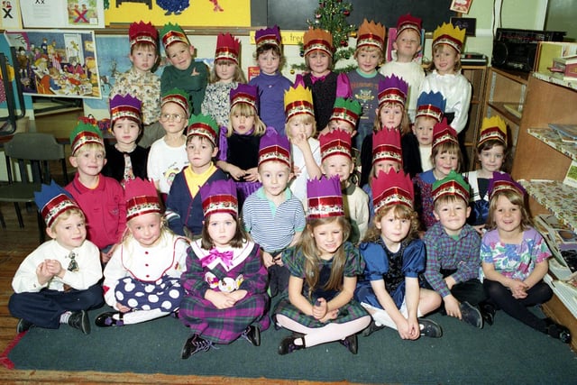 Amble County First School reception class with their party hats  in 1992.