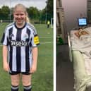 A photo of Matilda Stacey and a photo of her when she was in hospital.