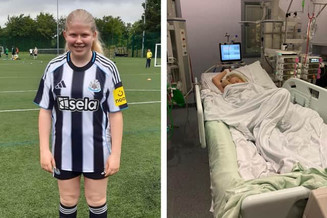 A photo of Matilda Stacey and a photo of her when she was in hospital.