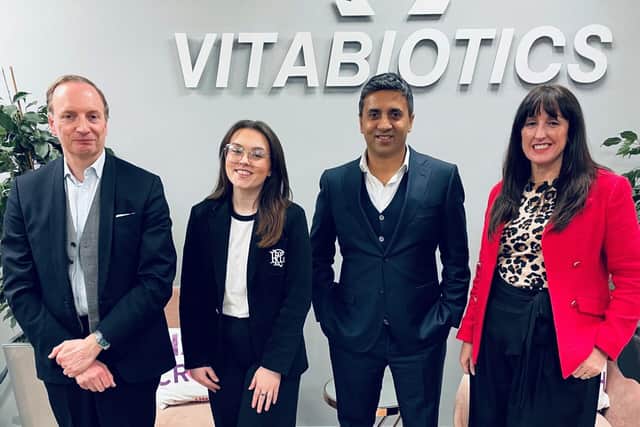 From left, Robert Taylor, vice president of Vitabiotics, Lauren Bell from Talentheads, Tej Lalvani and Sam Spoors.