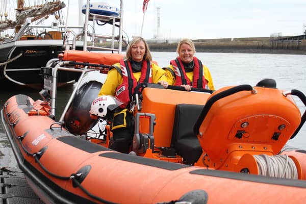 Sarah (left) and Laura (right) on RNLI Blyth's Atlantic 85 inshore lifeboat. (Photo by Robin Palmer/RNLI)
