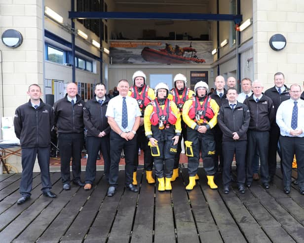 Volunteer crew and Station Management outside of the boat hall at Blyth RNLI.