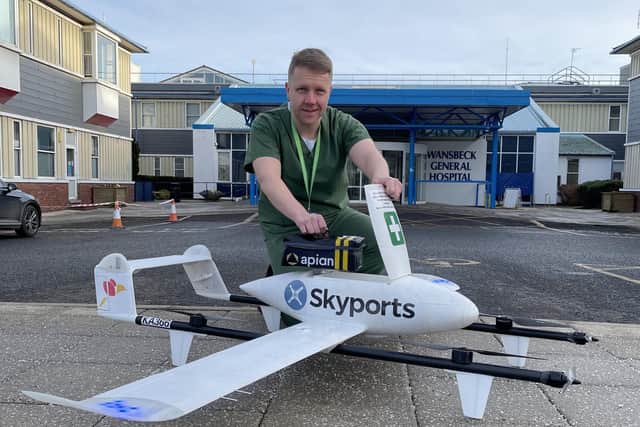 Mark Knowles, pharmacy head of production at Northumbria Healthcare, with a Uncrewed Aerial Vehicle that will be used in the trial.