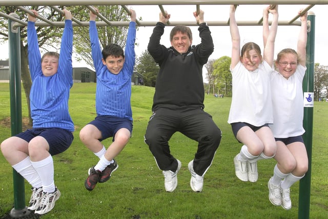 Newcastle legend Peter Beardsley opened the trim trail at Dr Thomlinson Middle School in Rothbury. Also pictured are student voice sports leaders Anna Welch, Natasha Gray and Liam Tiffin.