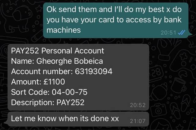 The bank details sent to Mrs Howkins by the scammer.