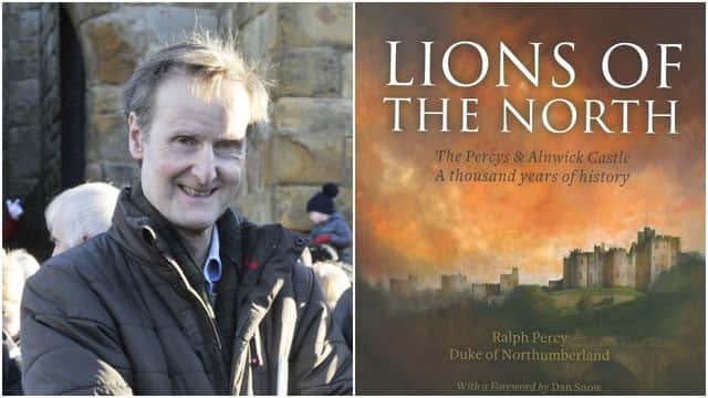 The Duke of Northumberland and the cover of his new book.